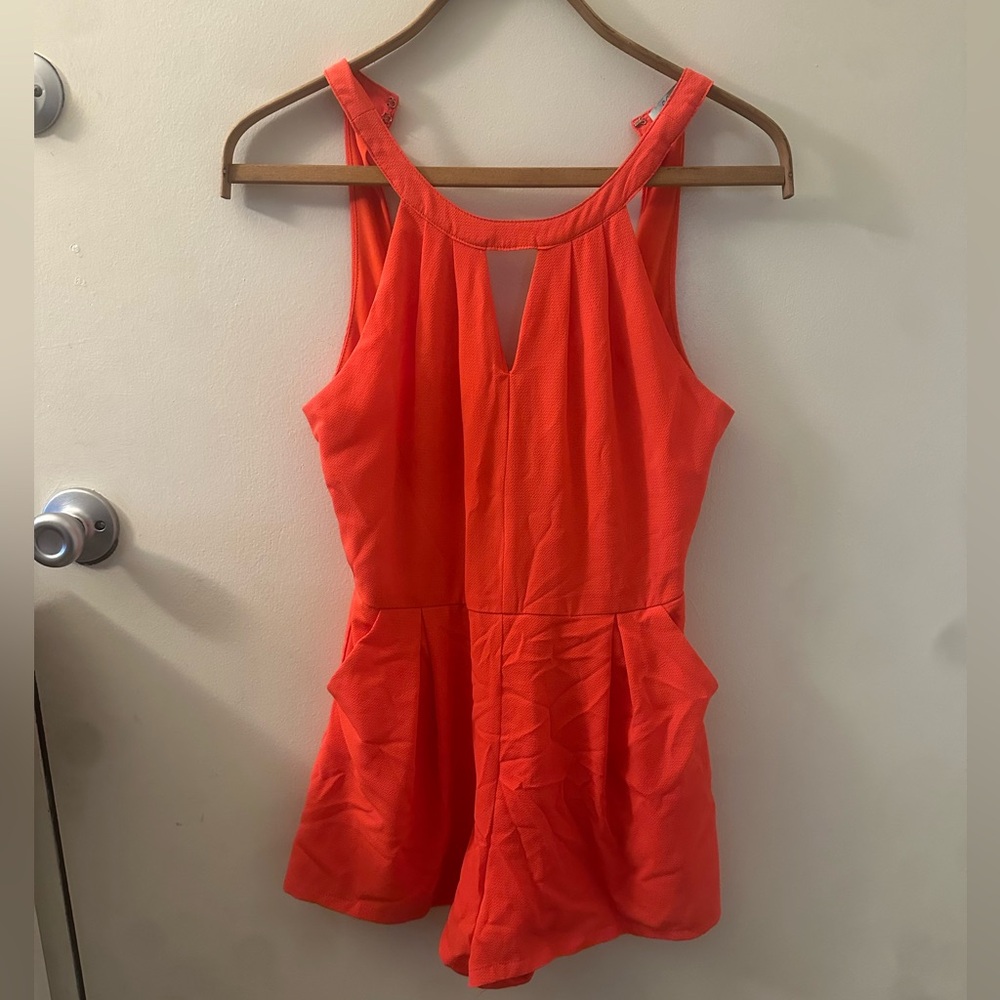 She + Sky Coral romper tank halter neck lace with zipper